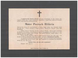 1948 Mater Poetsch Mária Hilária (1878-1948), a Salvator Nővérek apáca rend magyarországi intézményeinek létrehozója és tartományfőnöknőjének gyászjelentése, hajtásnyommal.