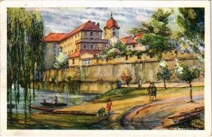 Podebrady, Podiebrad; Lázne Podebrady, Zámek od Labe / Schloss von der Elbe gesehen / castle (EK)