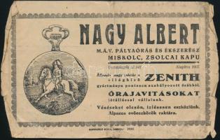 1938 Miskolc, Nagy Albert órás reklám szórólapja, hátulján jegyzékkel