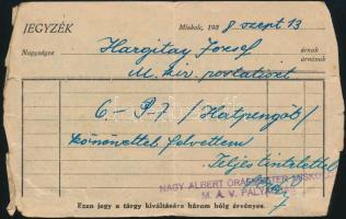 1938 Miskolc, Nagy Albert órás  reklám szórólapja, hátulján jegyzékkel