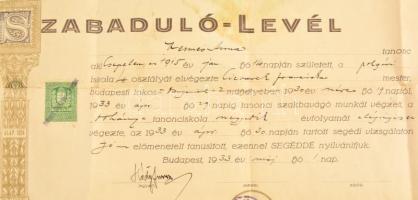 1933 Bp., Budapesti Nőifodrász Ipartestület szabaduló-levele