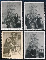 Régi idők karácsonya, fényképek a karácsonyfáról , ajándékokról és az ünneplőkről, 4 db vintage fotó, 1930 körül, 6x4,5 cm