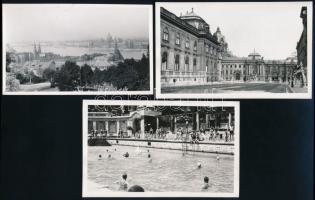 cca 1930 Budapest (kilátás a Parlamentre, Budai Vár, stb.), 3 db fotó, 9×15 cm