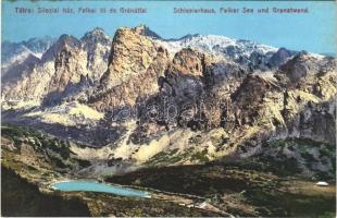 Tátra, Magas-Tátra, Vysoké Tatry; Sziléziai ház, Felkai-tó és Gránátfal. Cattarino S. utóda Földes Samu kiadása 216. sz. / Schlesierhaus, Felker See und Granatwand / Velické pleso, Sliezsky dom, Velické granáty / chalet, rest house, lake   (fl)