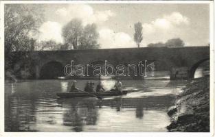 1933 Ipolyság, Sahy; Most na Ipli / Ipoly híd, evezős csónak / bridge, rowing boat (szakadás / tear)