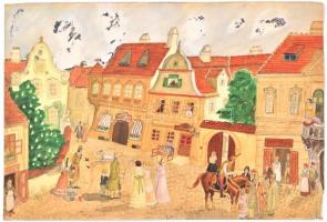 Sz... (?) Vera jelzéssel: Kisvárosi jelenet. Akvarell, ceruza, papír, sarkaiban kissé sérült, 30x44 ...