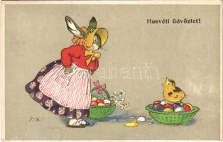 Easter greeting card, rabbit with chicken and eggs. Serie 308. s: F. B., 1923 Húsvéti üdvözlet Serie 308. s: F. B.