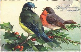 1924 Boldog Karácsonyi Ünnepeket / Christmas greeting card, birds. H.W.B. Ser. 2220. s: C. Klein (EK)