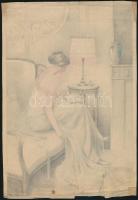 Pataky Ferenc (1897-?): Ülő női félakt (erotikus grafika). Ceruza, papír, jelzett, lap széle kissé sérült, 26,5x18 cm
