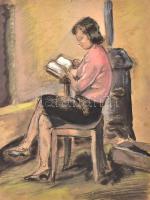 Pataky Ferenc (1897-?): Olvasás közben. vegyes technika, karton, jelzés nélkül, 42x32 cm