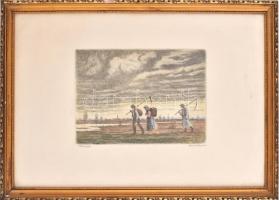 Conrád Gyula (1877-1959): Hazafelé. Színezett rézkarc, papír, jelzett, lap jobb széle kissé foltos. ...