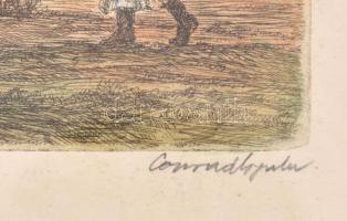 Conrád Gyula (1877-1959): Hazafelé. Színezett rézkarc, papír, jelzett, lap jobb széle kissé foltos. ...