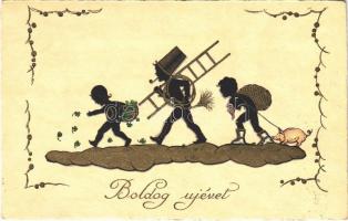 1930 Boldog Újévet! / New Year greeting silhouette postcard, chimney sweeper, pig, clovers.