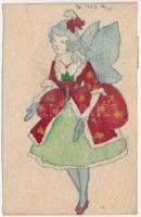 1923 Hand-drawn butterfly lady custom-made art postcard (vágott / cut)