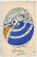 1933 Boldog Újévet / New Year greeting art postcard, lady in winter s: Douky (EB)