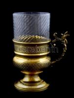 Üvegpohár díszes réz tartóban, jó állapotban, pohár m: 9 cm, tartó m: 9,5 cm