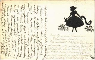 1924 Hölgy sziluettes művész képeslap. Rigler r.-t., 1924 Silhouette lady art postcard. Rigler r.-t.