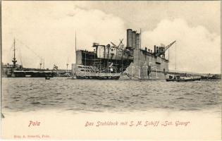 Stahldock mit S. M. Schiff Eh. Karl / SMS Erzherzog Karl, K.u.K. haditengerészet Erzherzog-osztályú pre-dreadnought csatahajója az állódokkban, G. Costalunga / SMS Erzherzog Karl, Austro-Hungarian Navy, K.u.K. Kriegsmarine Erzherzog-class pre-dreadnought battleship in Pola