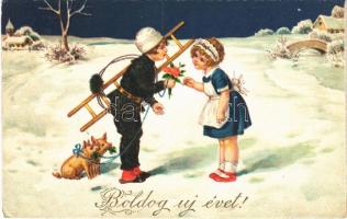 Boldog Újévet! / New Year greeting with chimney sweeper, pigs, romantic couple. EAS 1102. litho (EK)