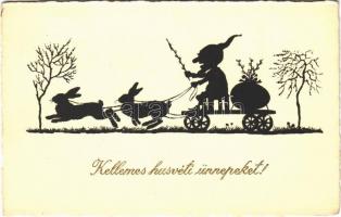 1931 Easter greeting silhouette card, dwarf with rabbits. W.S.S.B. 8750., 1931 Kellemes Húsvéti Ünnepeket! W.S.S.B. 8750.
