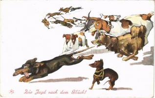 1930 Die Jagd nach dem Glück! / humorous dog art postcard (EK)