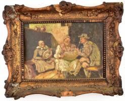 Paolo Glausiuss jelzéssel, feltehetően XX. sz. eleji festő alkotása: Enteriőr alakokkal. Olaj, karton. Sérült keretben. 24,5x34 cm