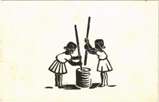 Vajat köpülő lányok karikatúra / butter churning girls caricature (EB)