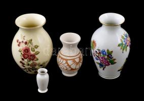 Herendi Viktória mintás porcelán váza + Zsolnay virágmintás porcelán váza + Korondi kerámia váza + Hollóházi mini váza, többségében sérültek