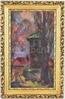 Tenkács Tibor (1913-1998): Kistokaji harangláb. Olaj, karton, hátoldalán jelzett. Díszes fa keretben...