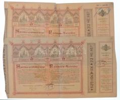 Budapest 1886. Egyházi Műemlék Alap sorsjegykölcsön 5Ft-ról a lipótvárosi bazilika felépítésére és egyházi műemlékek fenntartására, bélyegzéssel (4x) + egy szelvény T:III tűlyukak