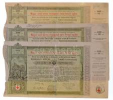 Budapest 1882. Magyar szent korona országainak vörös-kereszt egylete kisorsolási kötvénye 5Ft értékben (3x) bélyegzésekkel T:III kis szakadások