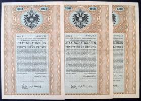 Ausztria / Bécs 1917. 6. Osztrák Hadikölcsön 5 1/2%-os államkincstárjegye 5.000K-ról szelvényekkel (3x) sorszámkövetők T:III Austria / Vienna 1917. 6th Austrian War Loan 5 1/2% state treasury certificate about 5.000 Kronen with coupons (3x) sequential serials C:F