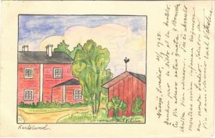 1928 Örebro, Karlslund / hand-drawn custom-made art postcard (cut)