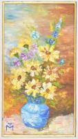 TM jelzéssel: Virágcsendélet. Olaj, karton, üvegezett fa keretben, 33x18 cm.