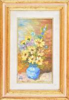 TM jelzéssel: Virágcsendélet. Olaj, karton, üvegezett fa keretben, 33x18 cm