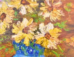 TM jelzéssel: Virágcsendélet. Olaj, karton, üvegezett fa keretben, 33x18 cm