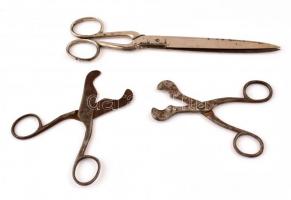 3 db fém olló, rozsdásak, h: 13-23 cm