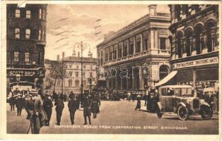 1928 Birmingham, Stephenson Palace from Corporation Street, automobile, shops (EB)