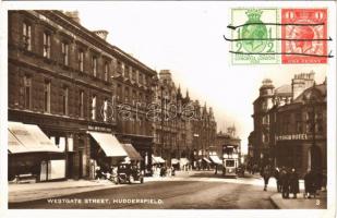 1929 Huddersfield, Westgate Street, tram, hotel, shops, automobile. TCV card (EK)