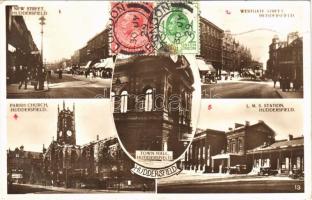 1929 Huddersfield, New Street, Westgate Street, tram, hotel, shops, automobile, Town Hall, Parish Church, LMS Station, railway station. TCV card (fl)