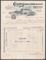 1912 Békéscsaba, Első B(ékés)csabai Gőzmalom Rosenthal Márton fejléces számlája, rajta az István-malom átépítés előtti képével, 2 f okmánybélyeggel