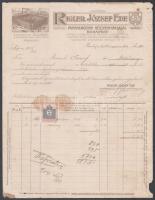 1911 Rigler József Ede papírnemügyár Rt díszes fejléces számlája, rajta a gyár képével, 2 f okmánybélyeggel
