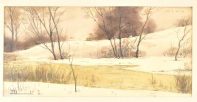 Dobroszláv Lajos (1902-1987): Téli táj. Akvarell, papír, jelzett, üvegezett keretben, 26×44 cm