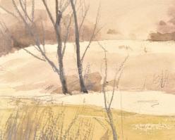 Dobroszláv Lajos (1902-1987): Téli táj. Akvarell, papír, jelzett, üvegezett keretben, 26×44 cm