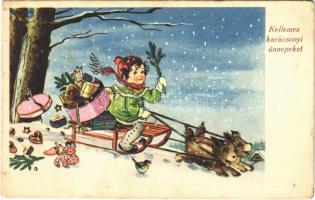 1939 Kellemes karácsonyi ünnepeket / Christmas greeting with sledding child (EK)