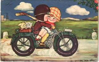1933 Children on motorbicycle. Italian art postcard, Amag 1983. (EB)