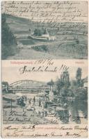 1907 Székelyudvarhely, Odorheiu Secuiesc; kápolna, vashíd nagykükölővel (Nagy-Küküllő folyó) / railway bridge, washerwomen in the Tarnava Mare river, chapel (EK)