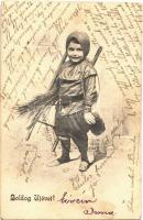 1907 Boldog Újévet! / New Year greeting with child chimney sweeper (kis szakadás / small tear)