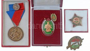 ~1970. "Kiváló Határőr" aranyozott, zománcozott jelvény miniatűrrel, eredeti tokban (45x33mm) + ~1960-1970. "Munkásőr" Br kitüntetés, mellszalagon, miniatűrrel szalagsávon, eredeti, sérült tokban + "Munkásőrség - 5 éves szolgálati jelvény" zománcozott jelvény eredeti tokban (zománchiba) (34mm) + "Munkásőr" zománcozott Br állományjelvény csavaros hátlappal (40x49mm) T:2