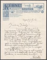 1909 Moson, Kühne Mezőgazdasági Gépgyár Rt. díszes fejléces papírja, a fejlécen koronás nagycímerrel, rajta levéllel.